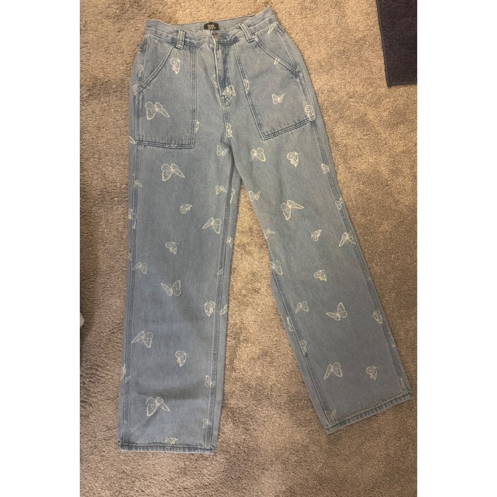 Simple Society Butterfly Print Wide Leg Jeans Light Wash High Rise Size 5/27
